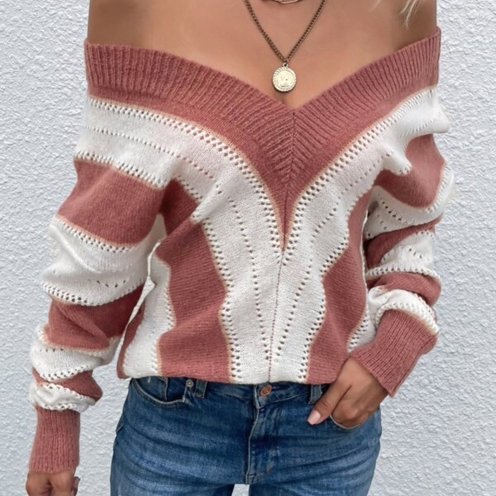 Cozy Dark Pink Stripes Oversized Knit Sweater Top - Picture 4 of 5